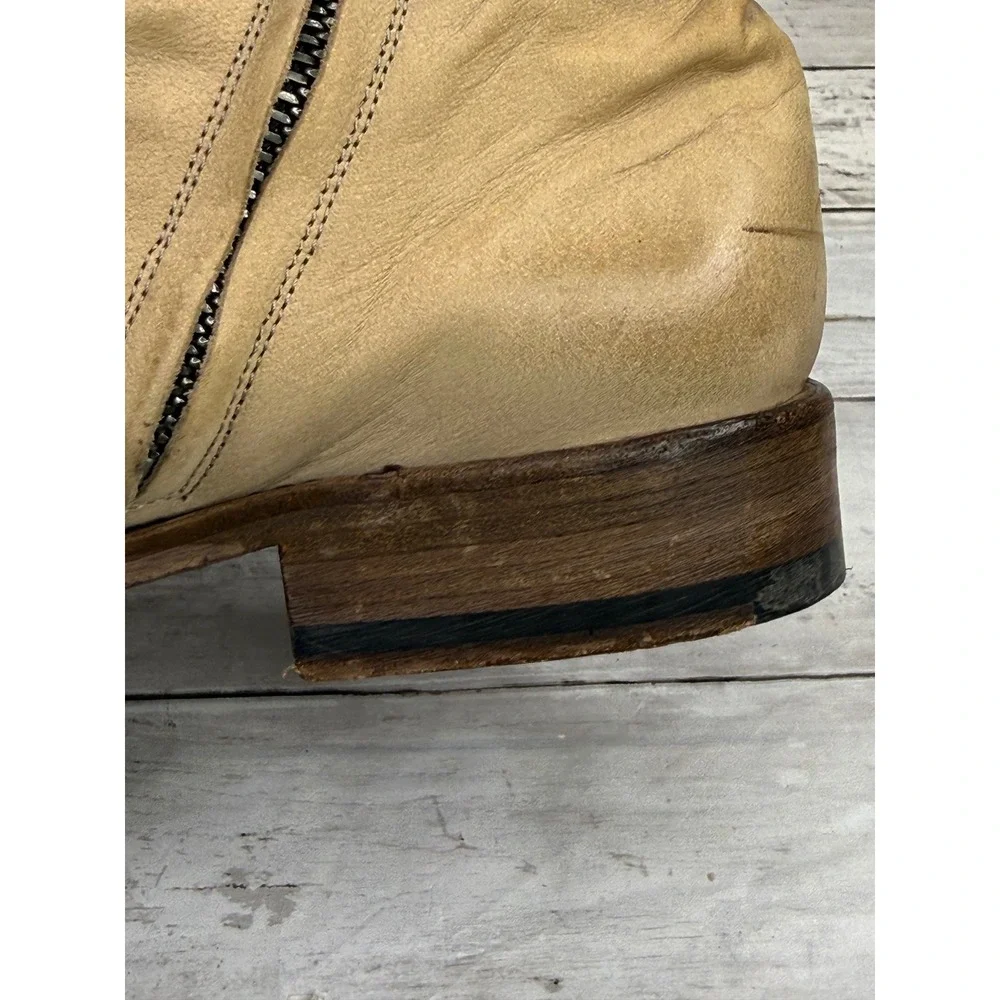 John Varvatos Tan Leather Slouchy Side Zip Ankle Boots Wood Heel
